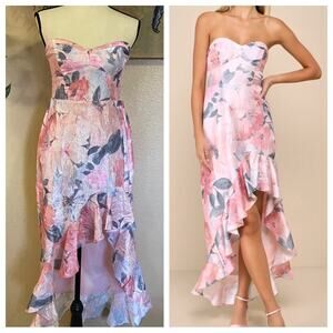 NWOT Blushing Darling Light Pink Floral Strapless High-Low Maxi Dress